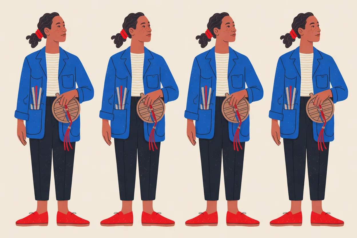 The Kite Maker character sheet on a warm cream background: four identical full-length views side by side, each turned three-quarters to the right with the same calm, closed-mouth expression. In each she wears a blue work jacket with strips of cream, red and blue in the pocket, a cream striped top, dark cropped trousers, red shoes and a red tie in her curly ponytail, and holds a round wooden reel trailing red line at her waist.
