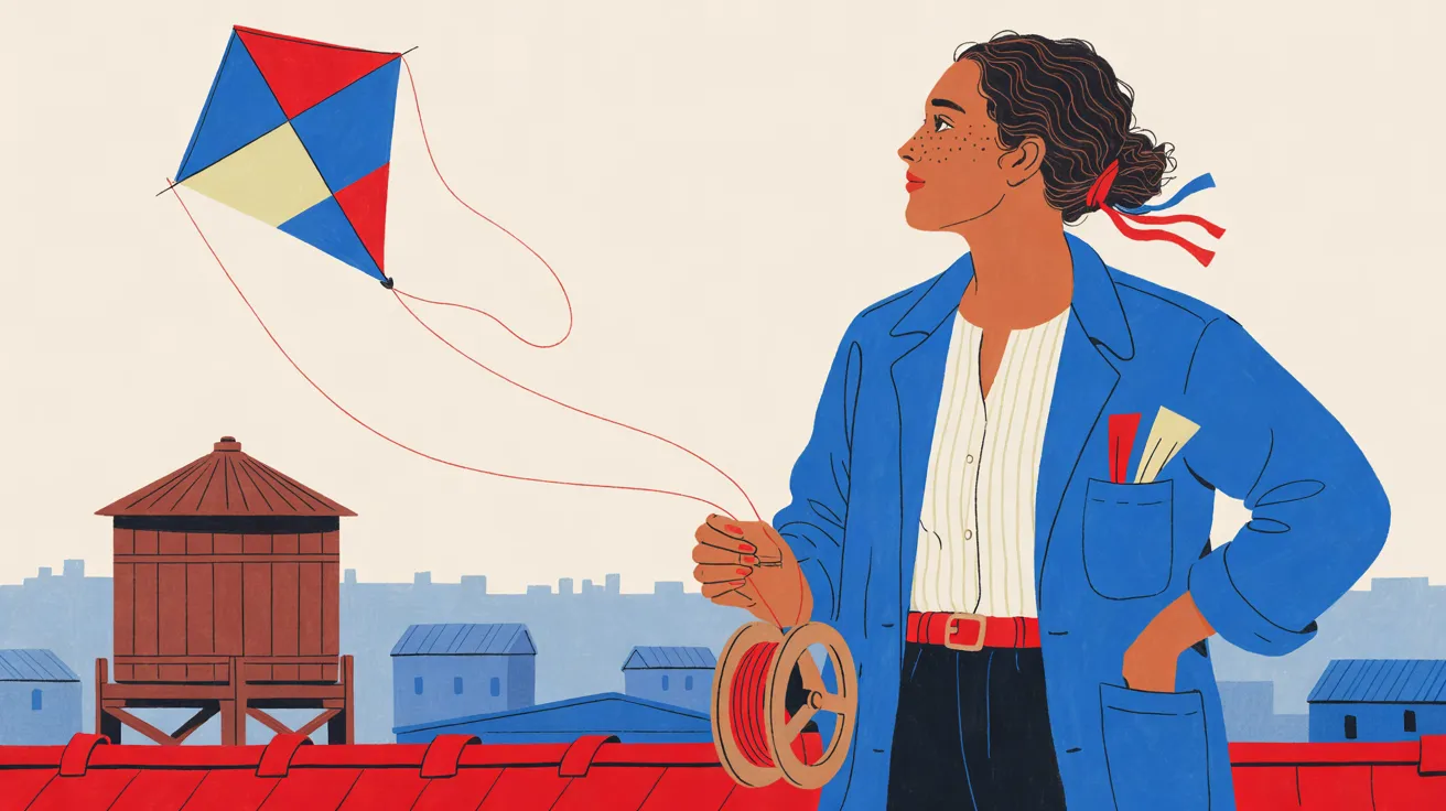 The Kite Maker, a freckled woman with light-brown skin and dark curly hair tied back with red and blue ribbons, stands at the right in profile, shown from the hips up in a cobalt-blue work jacket, a cream striped shirt and a red belt, one hand on her hip and the other holding a wooden reel of red line. The line rises to a patchwork diamond kite of blue, red and pale cream high in a cream sky at the upper left, above a wooden water tower, pale-blue rooftops and a red roof edge.